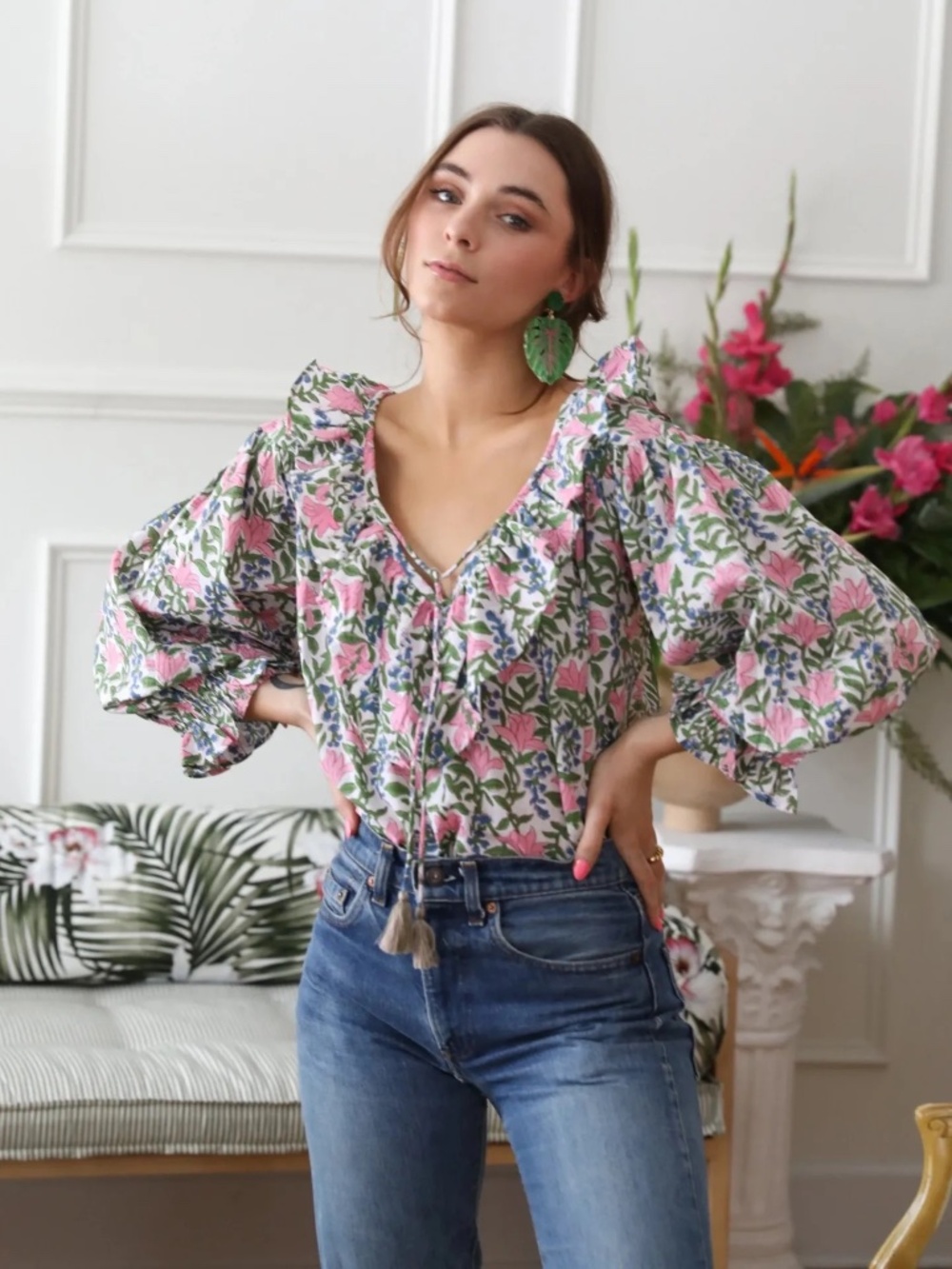 Mille hand block printed May ruffle top English Garden floral print 100% cotton